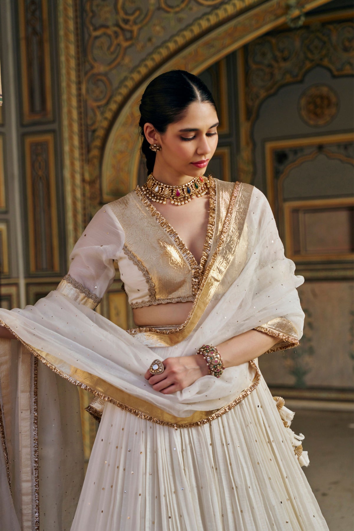 Ivory Golden Mukesh Lehenga Set