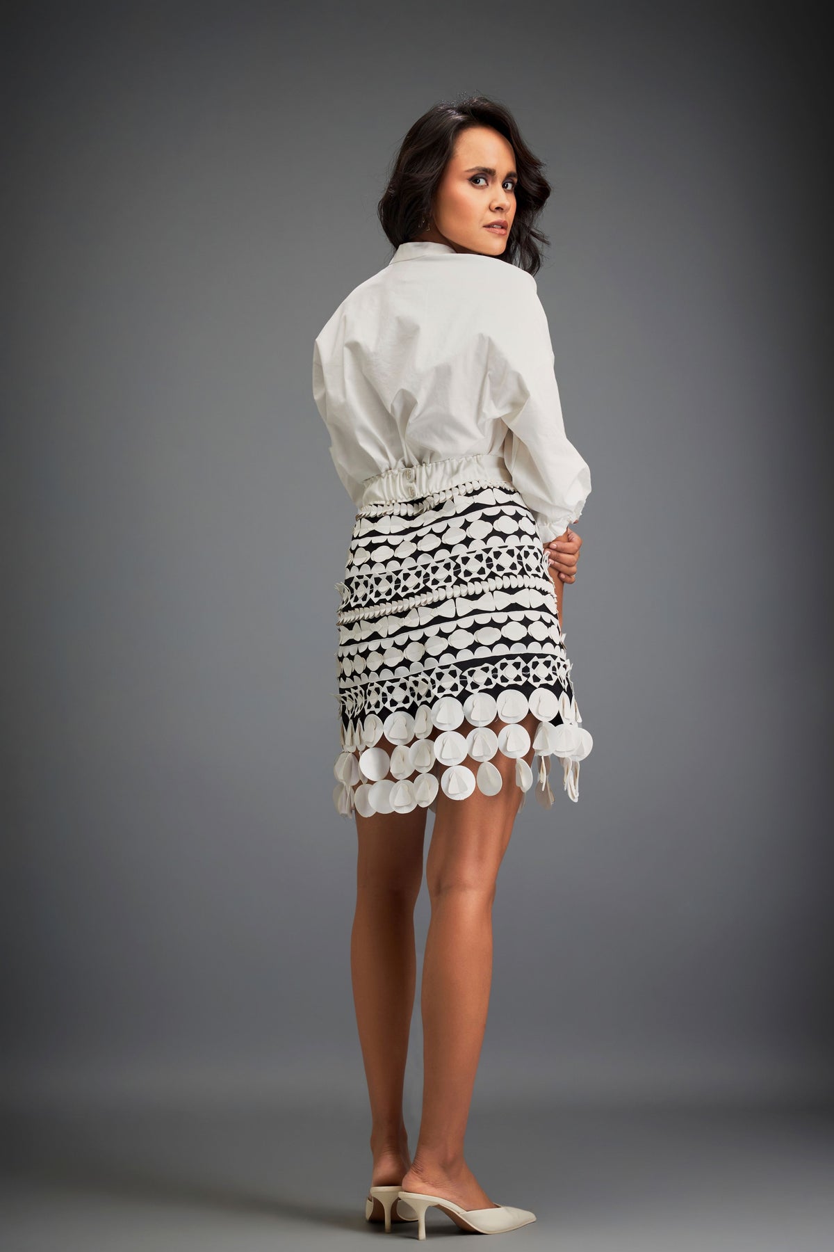 White Embellished Skirt With Belt