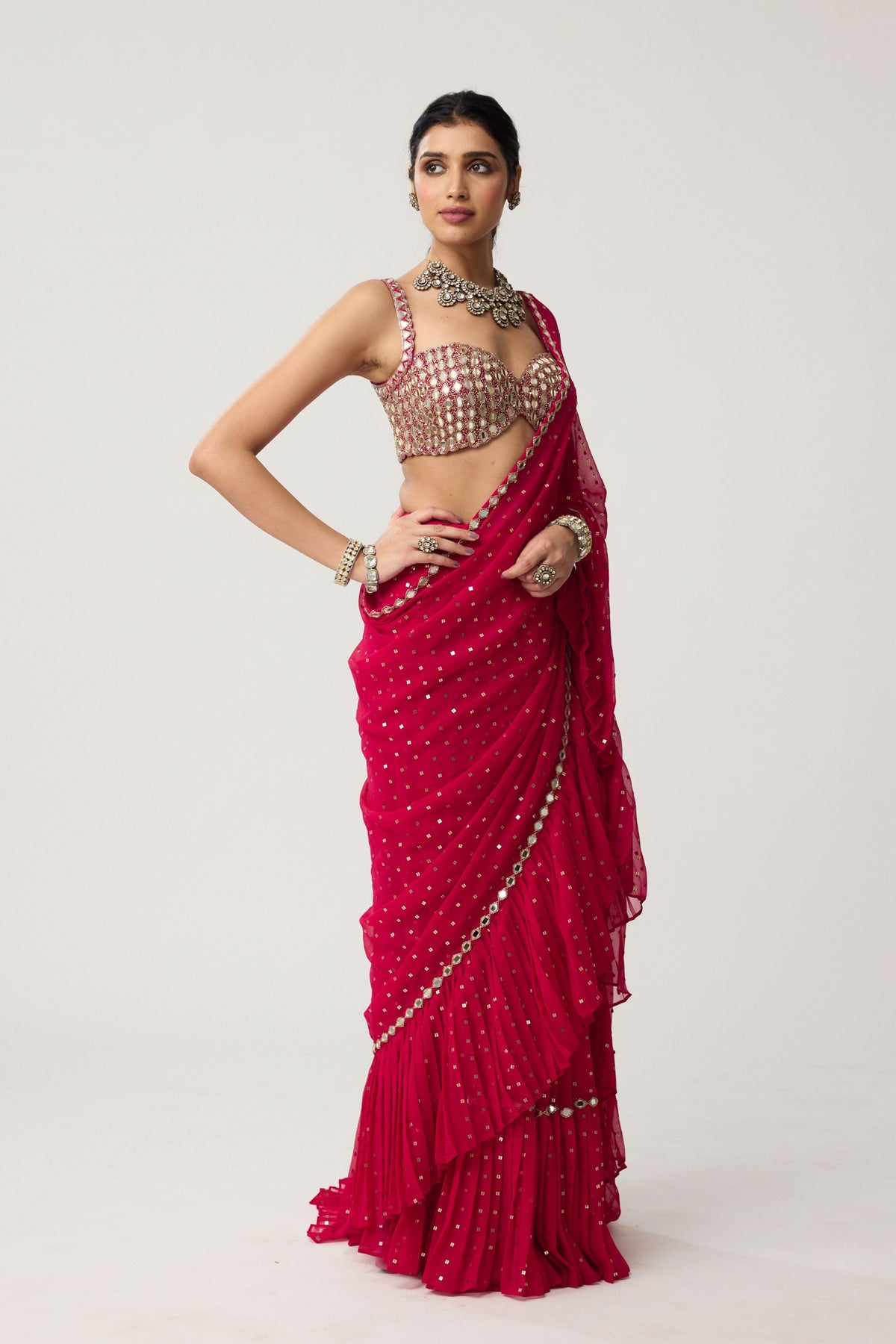 Crimson Red Ruffle Saree Set