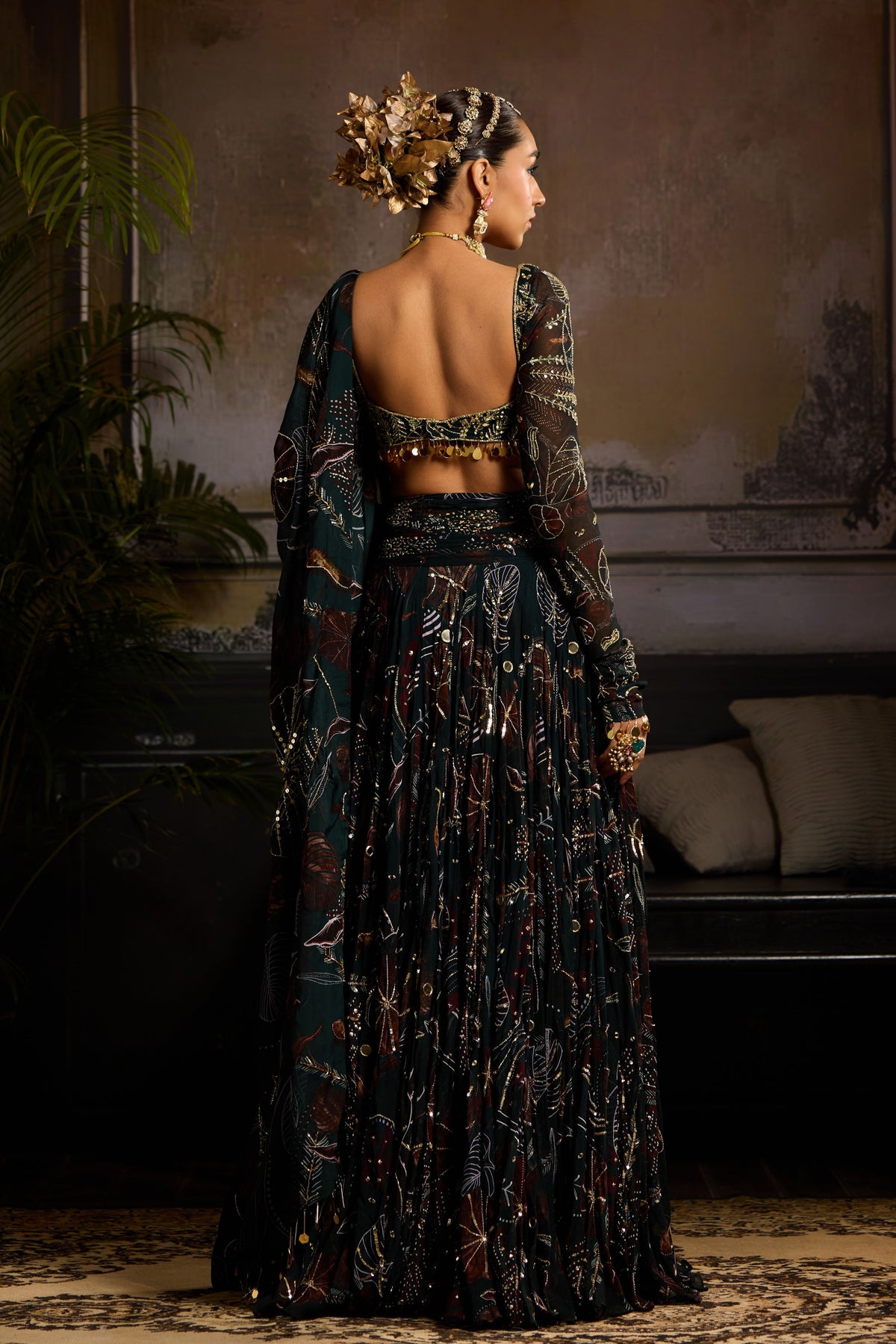Dark Green Leaf Lehenga Set