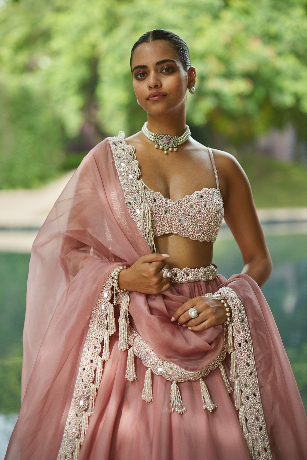 Dusty Rose Mirror and Pearl Lehenga Set
