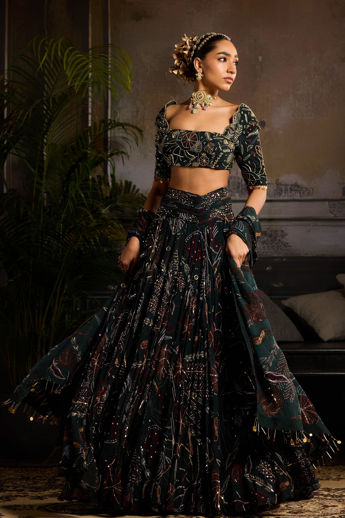 Dark Green Highlighted Lehenga Set