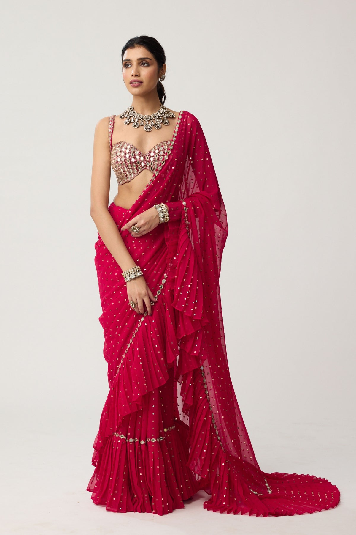 Crimson Red Ruffle Saree Set