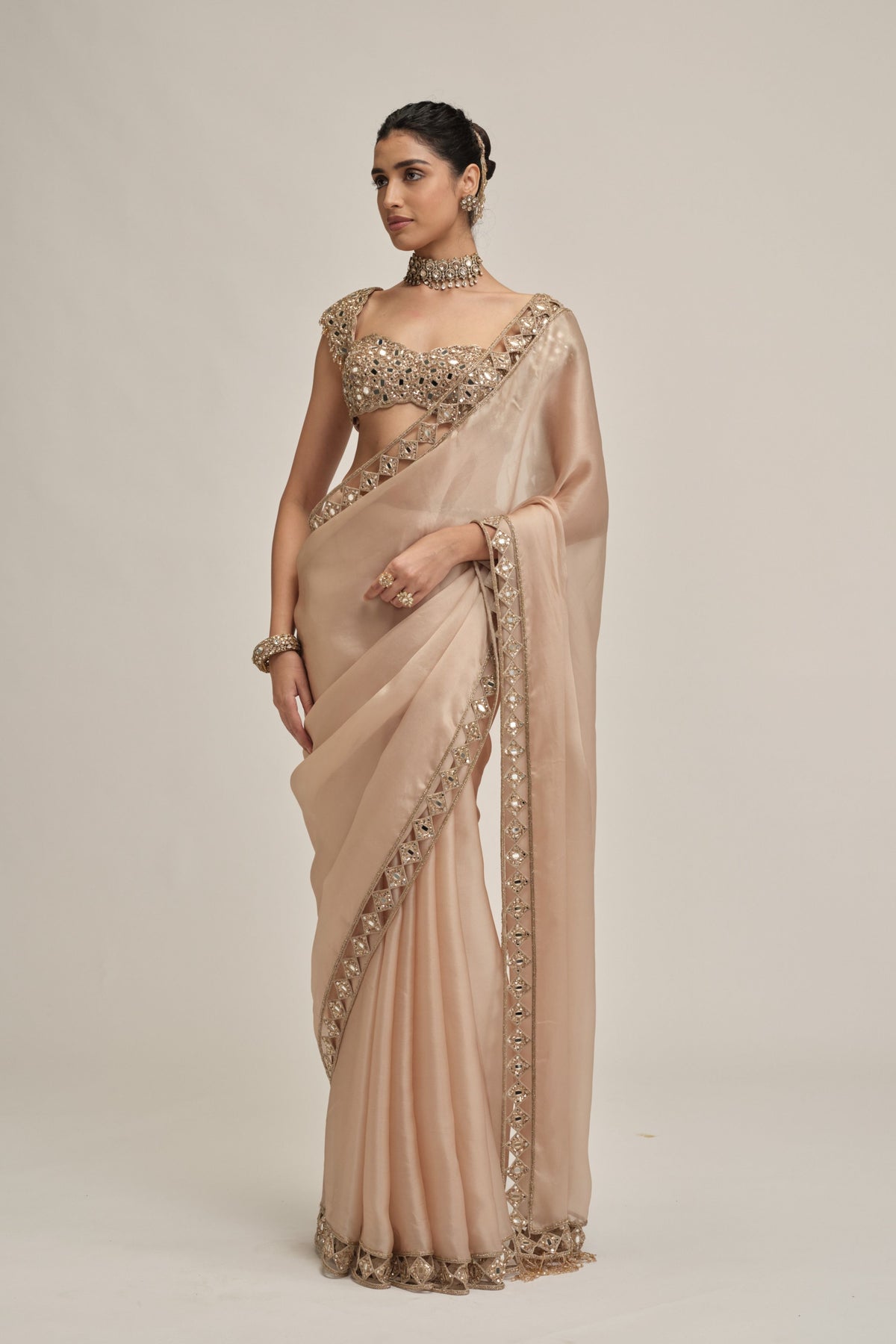 Beige Diamond Saree Set