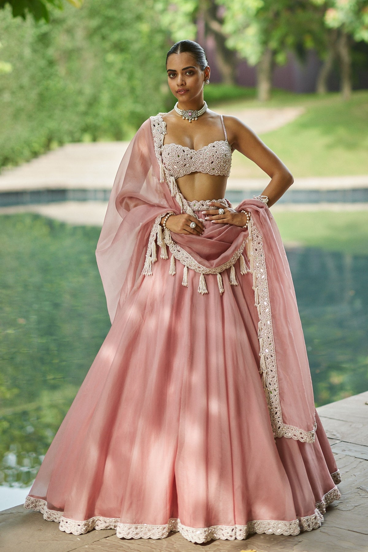 Dusty Rose Mirror and Pearl Lehenga Set
