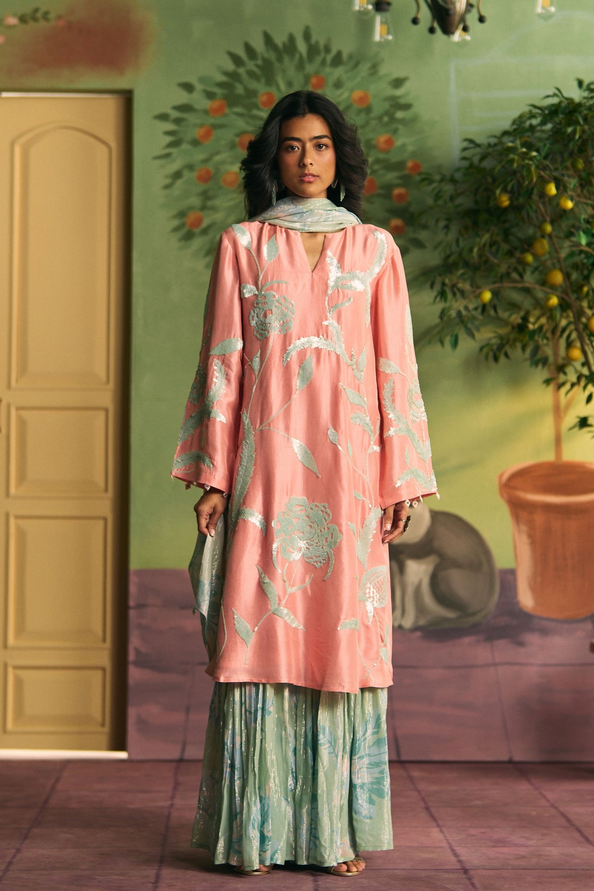Peach Mint Garden Sharara Set
