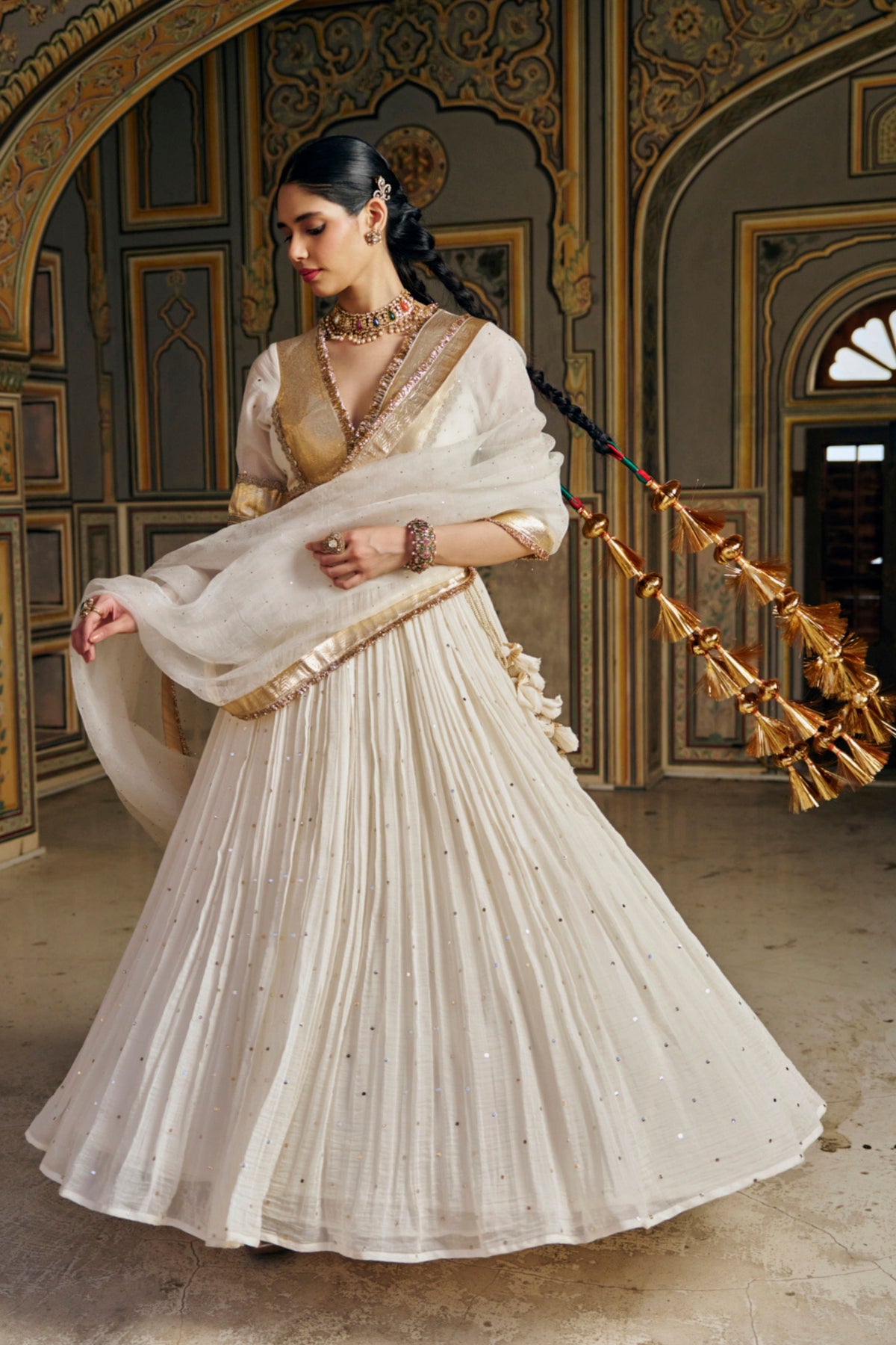 Ivory Golden Mukesh Lehenga Set