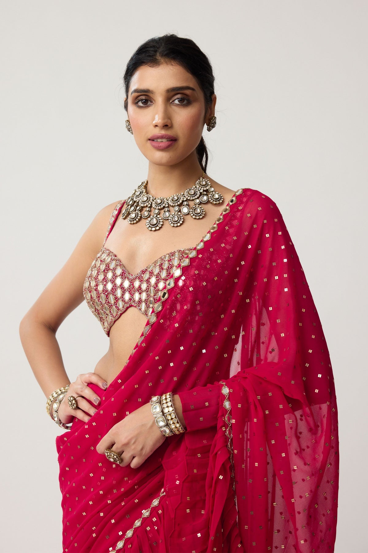 Crimson Red Ruffle Saree Set