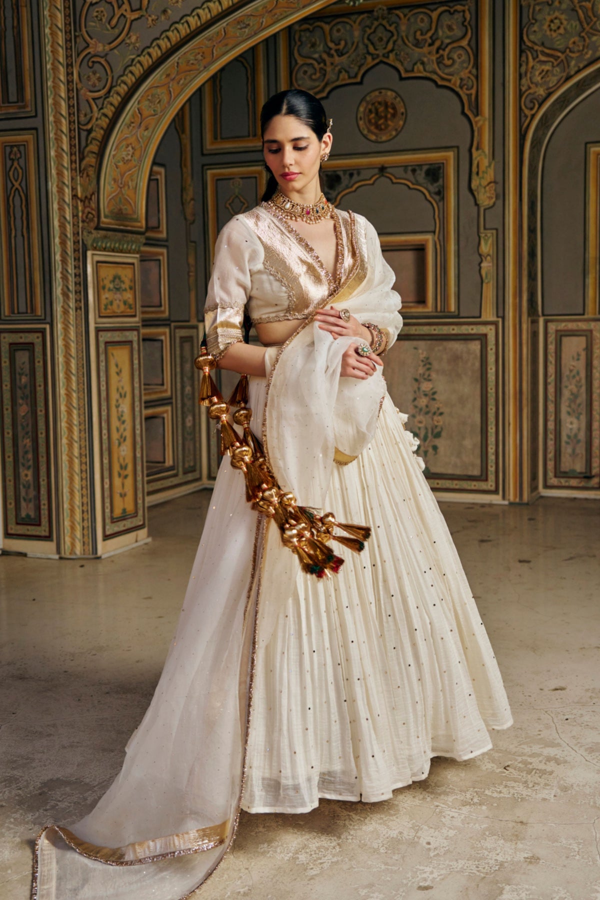 Ivory Golden Mukesh Lehenga Set