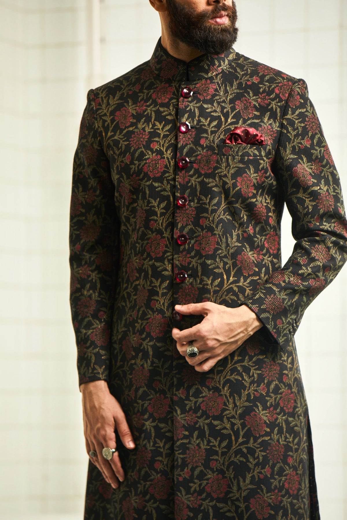 Black Chirota Textured Sherwani
