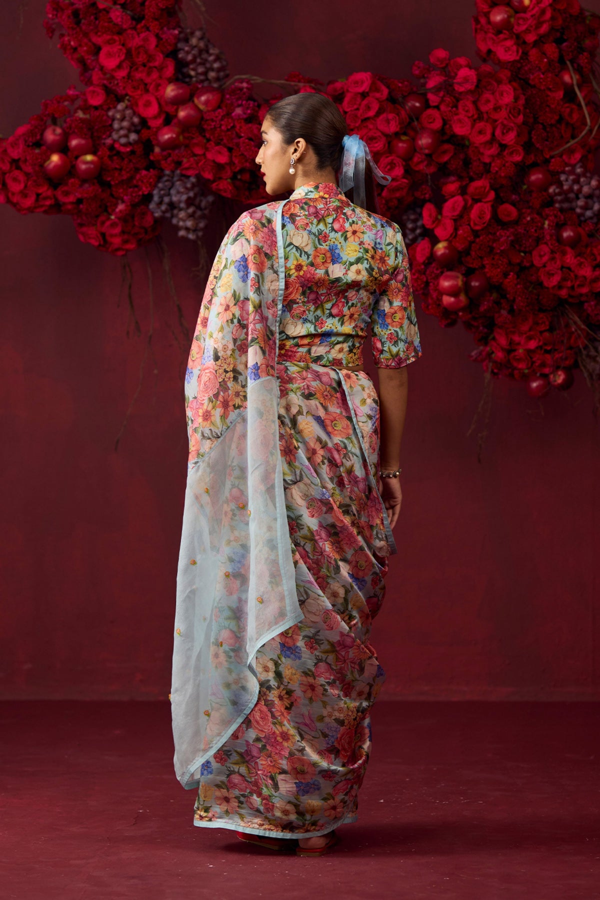 Whimsical Garden Ice Blue Saree