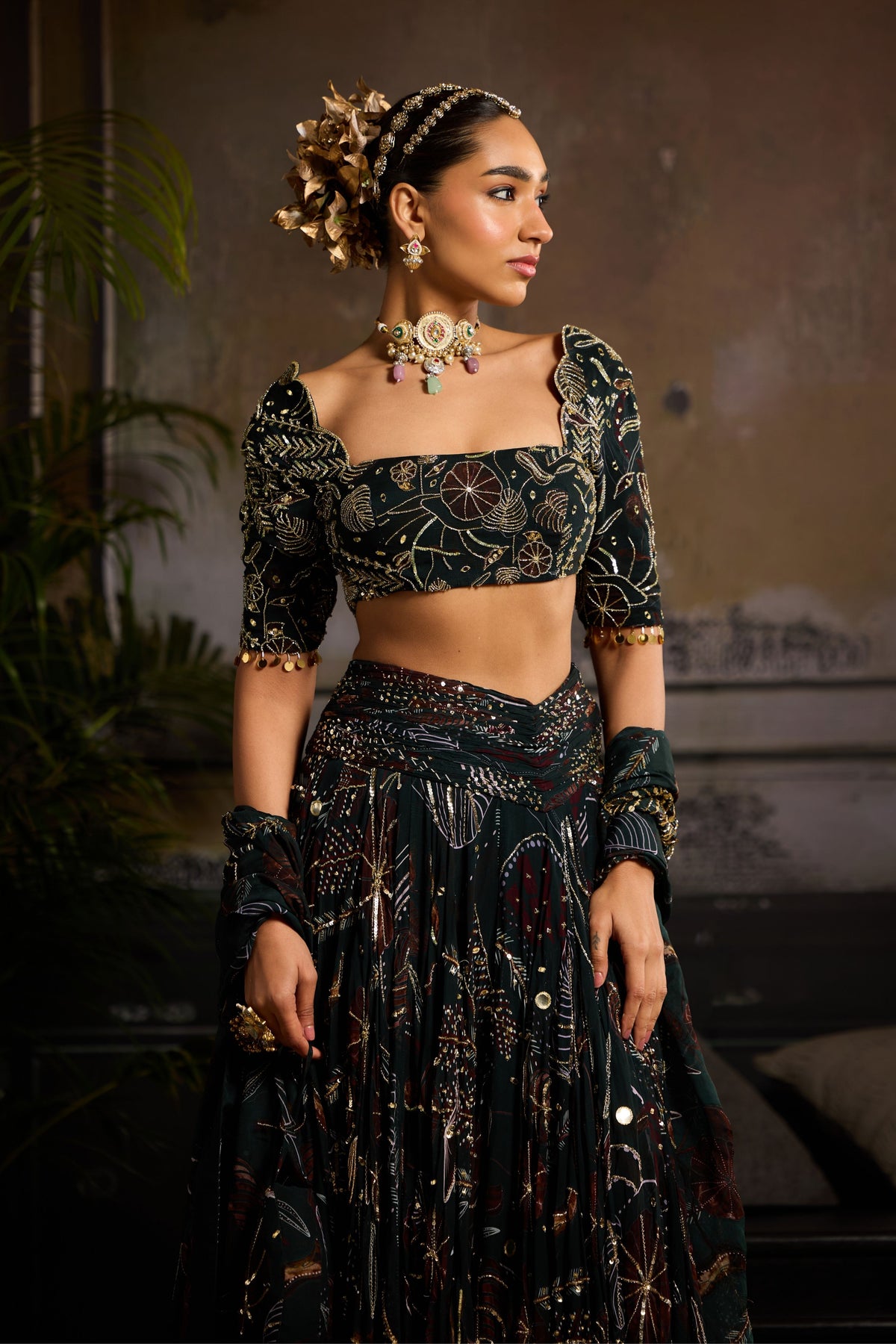Dark Green Highlighted Lehenga Set