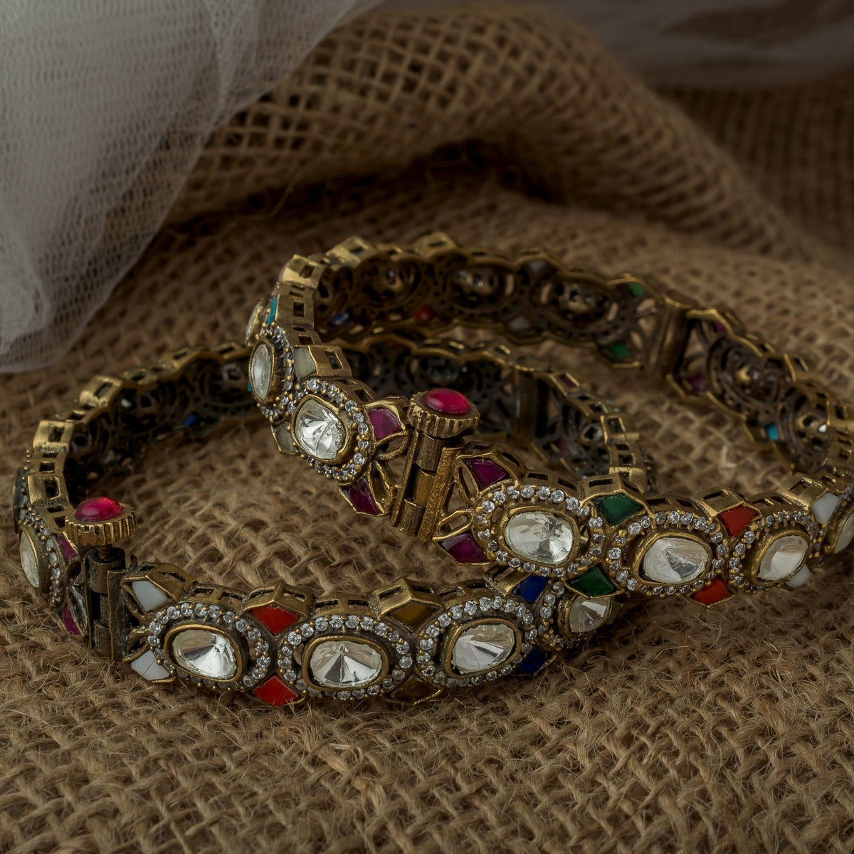 Gold Plated Multicolored Womens Kundan Bangles