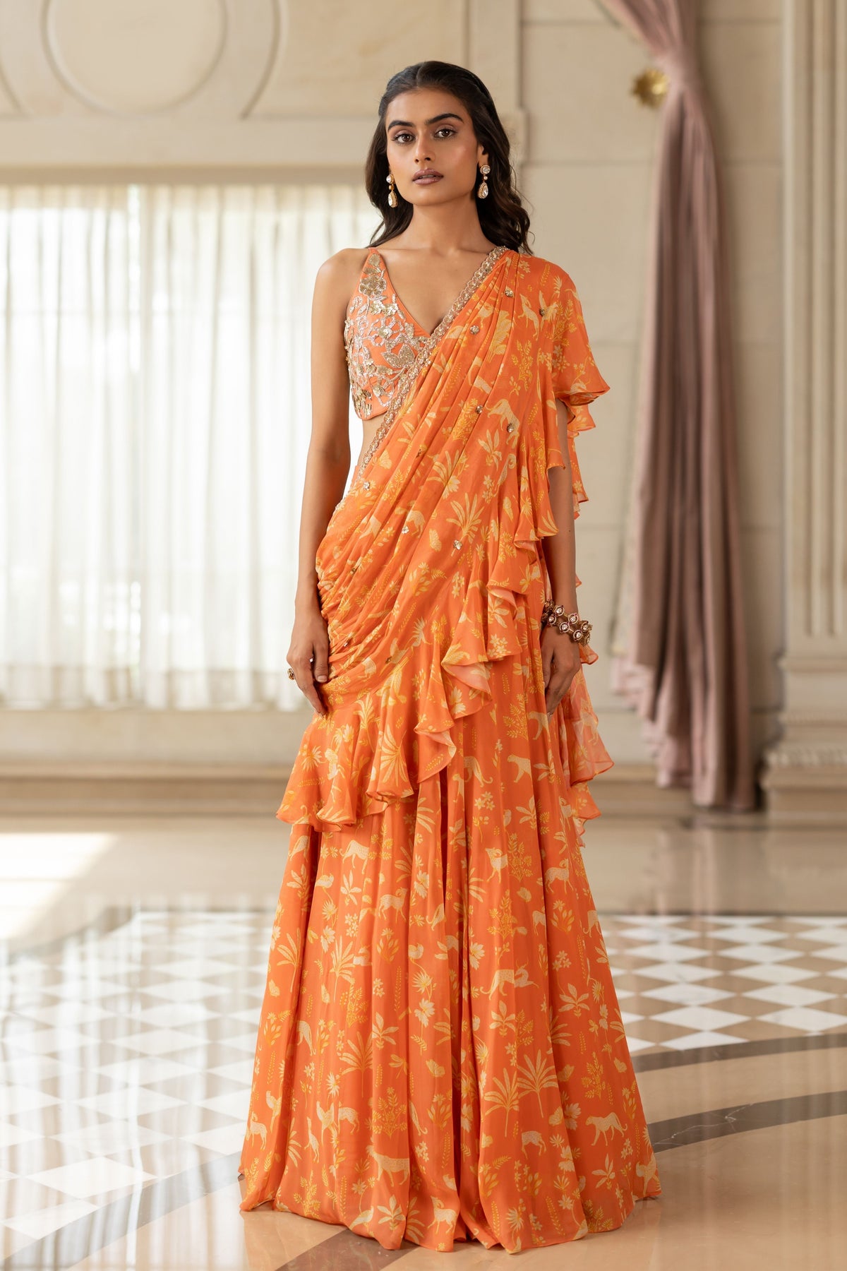 Tatiana Orange Drape Saree Set