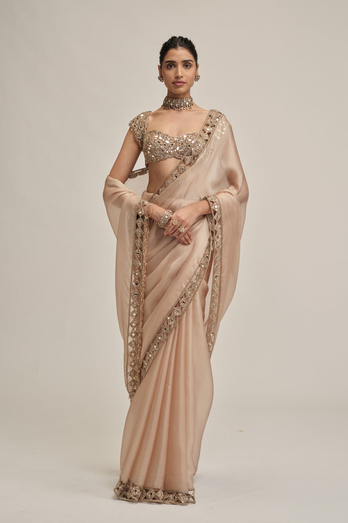 Beige Diamond Saree Set