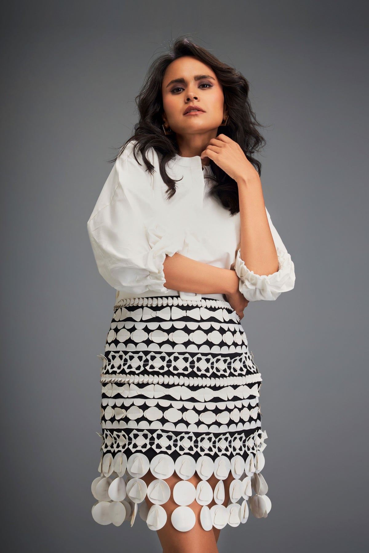 White Embellished Skirt With Belt