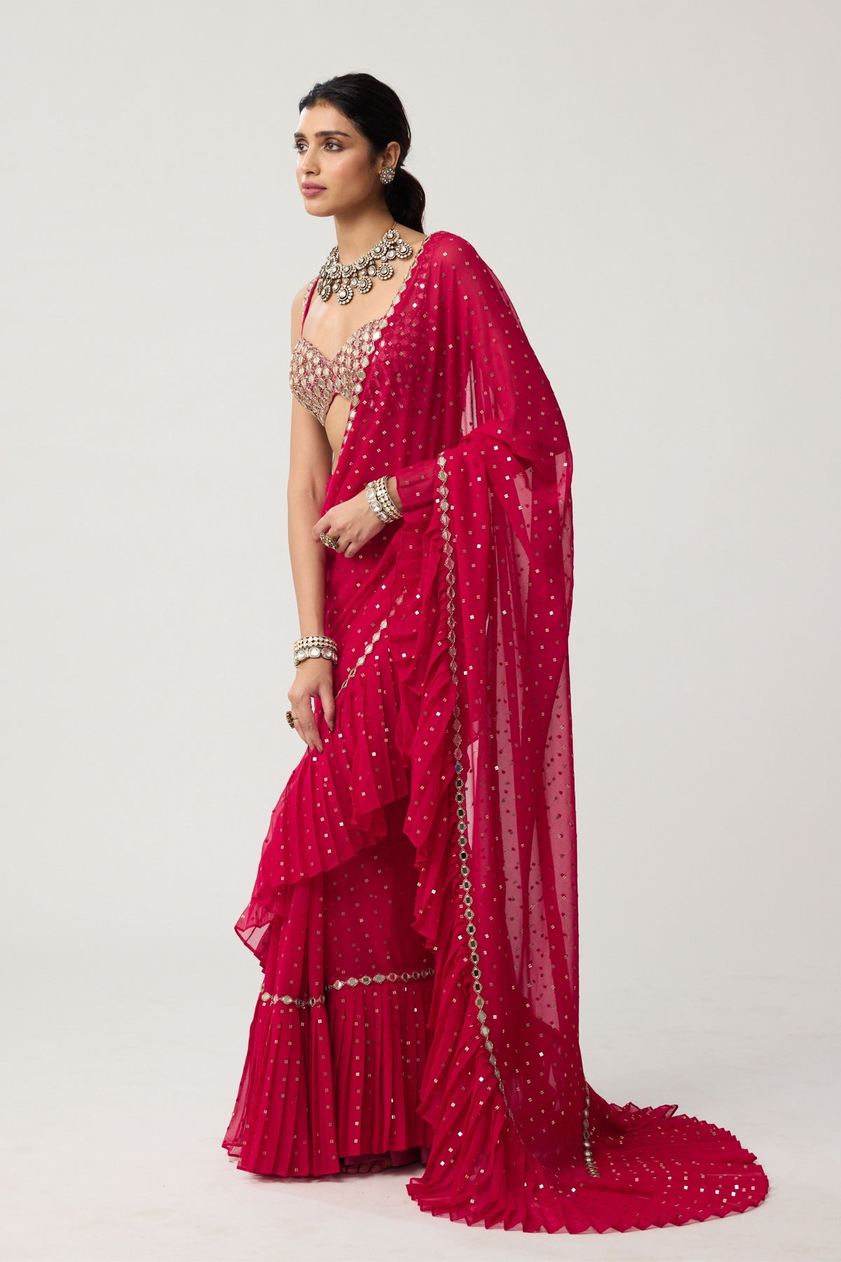 Crimson Red Ruffle Saree Set