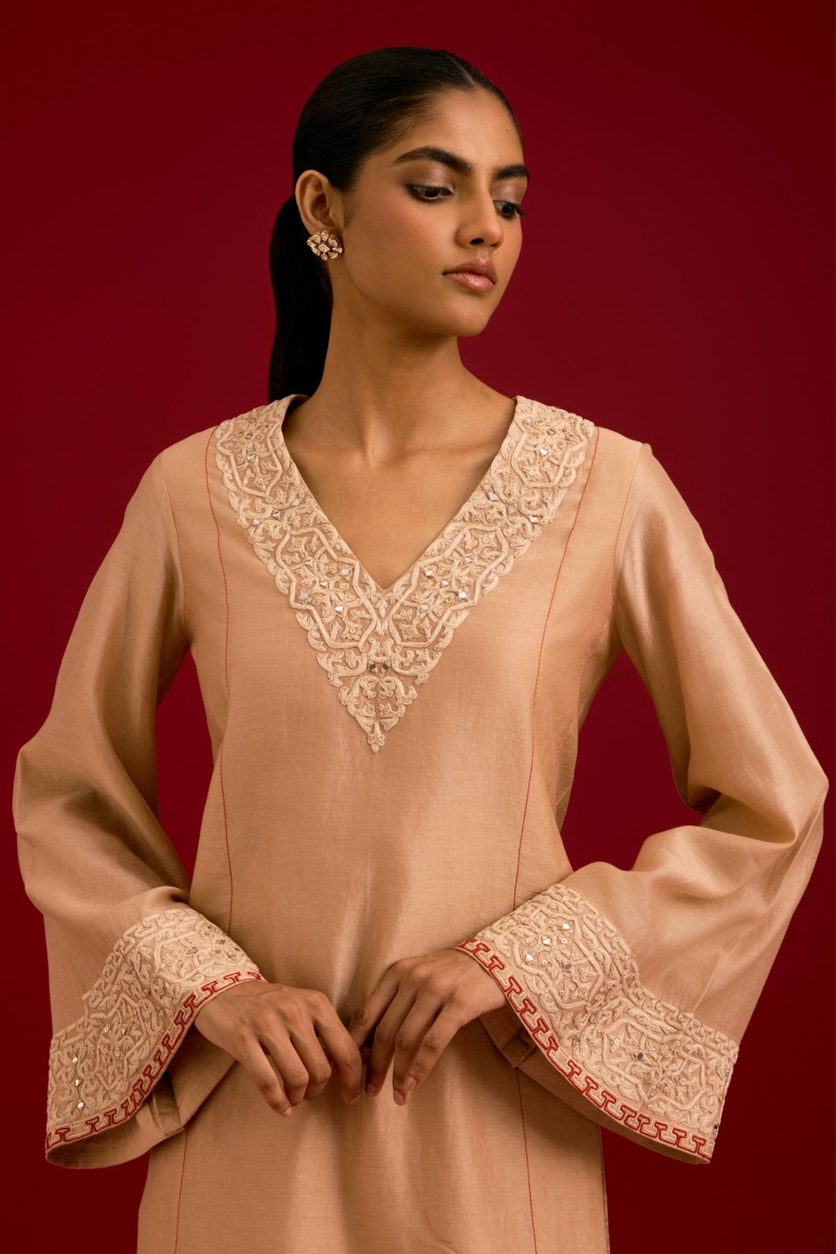 Beige Silk Chanderi Kurta Set