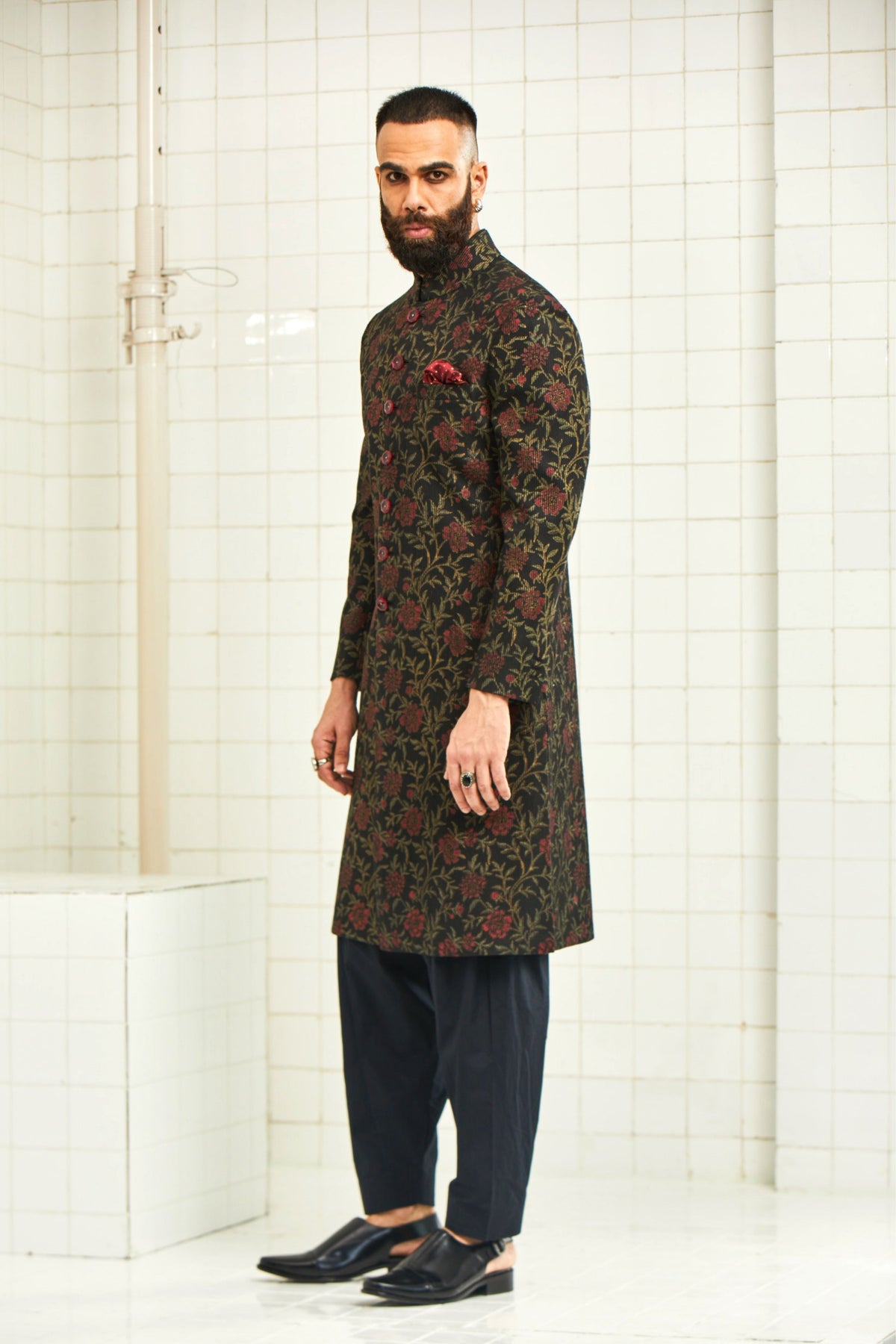 Black Chirota Textured Sherwani