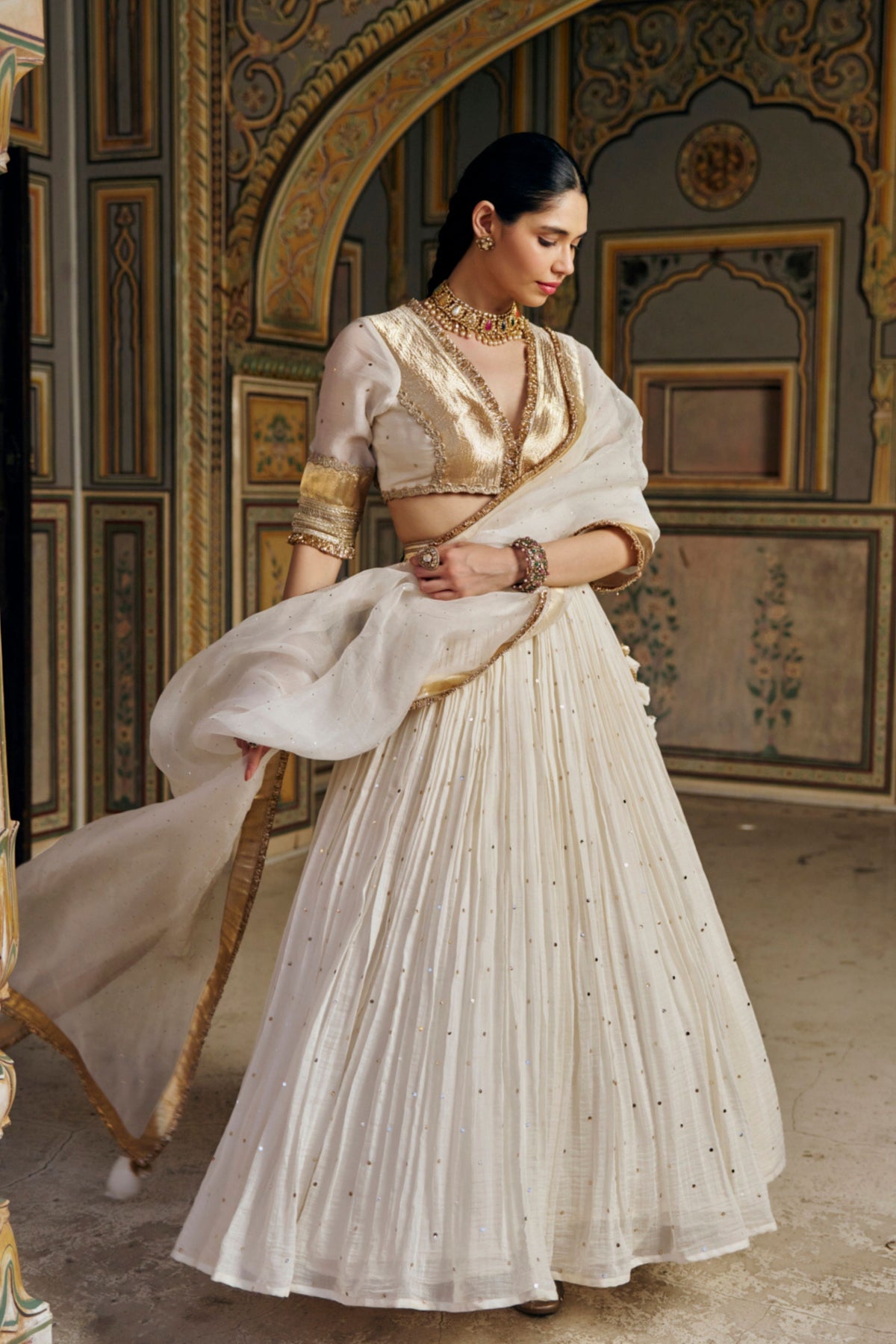Ivory Golden Mukesh Lehenga Set