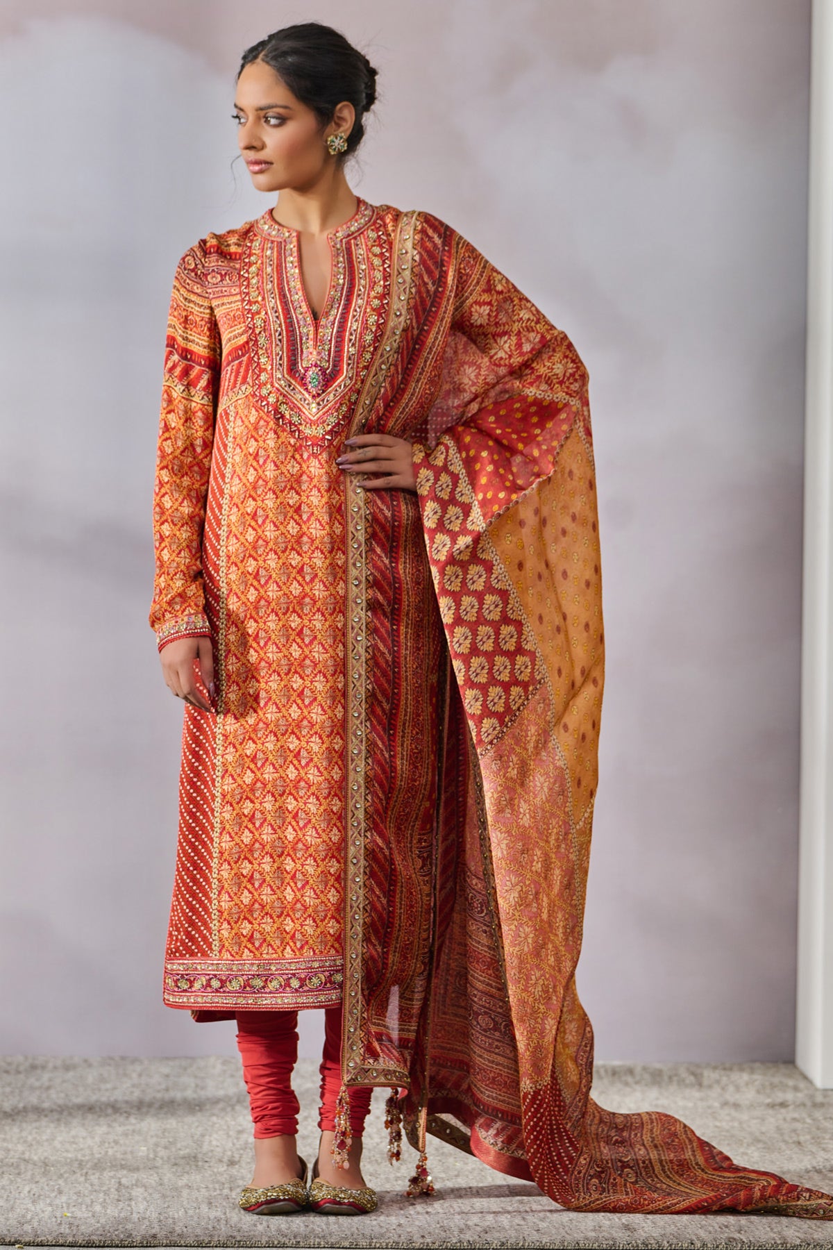 Hand Embroidered Kurta With Dupatta And Churidar