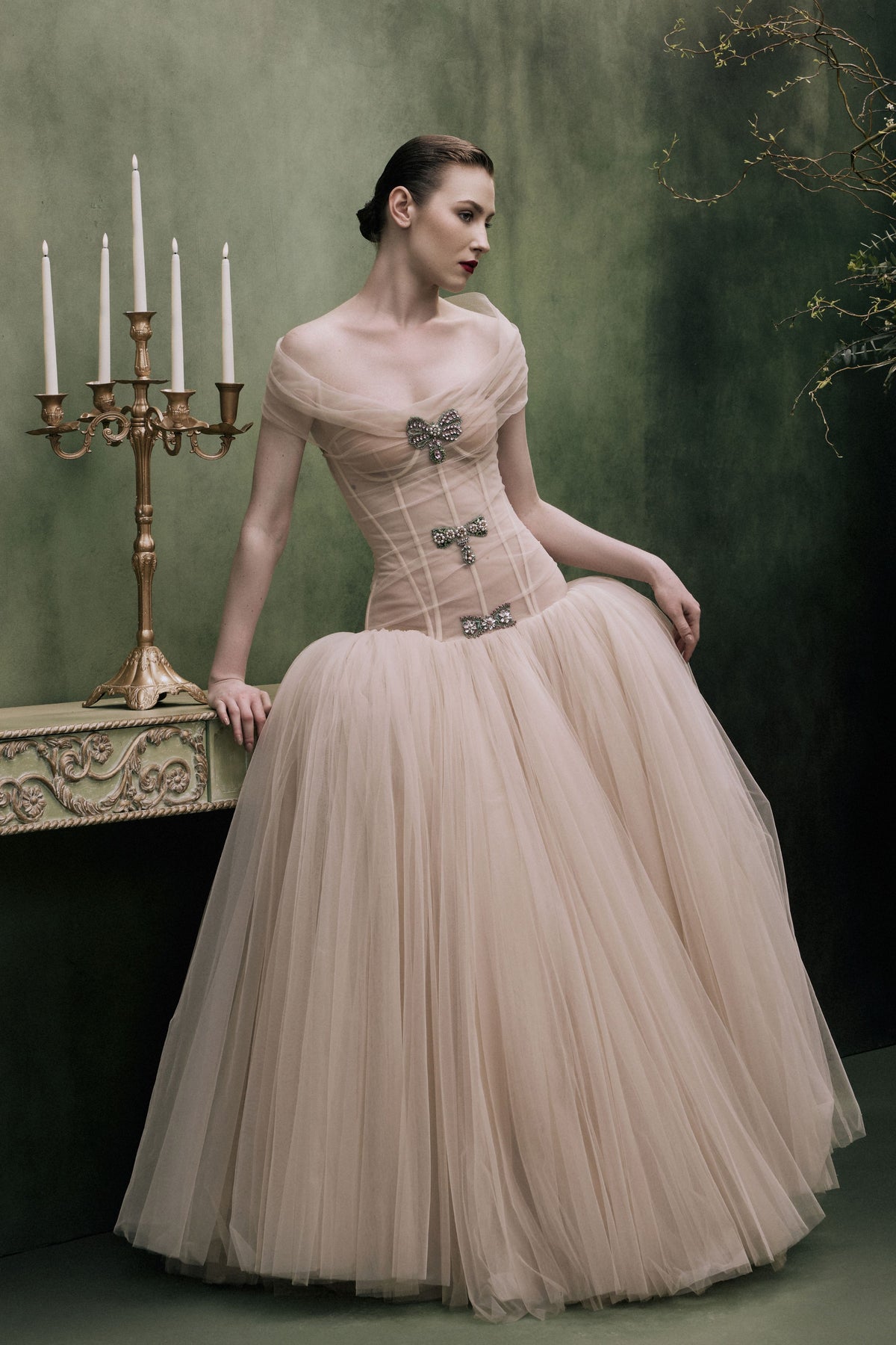 Off Shoulder Crystal Bow Gown