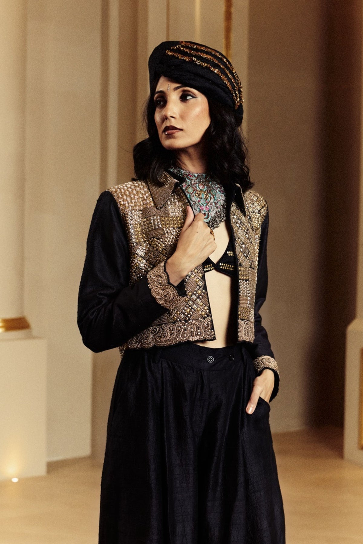 Resham Black Jacket Set