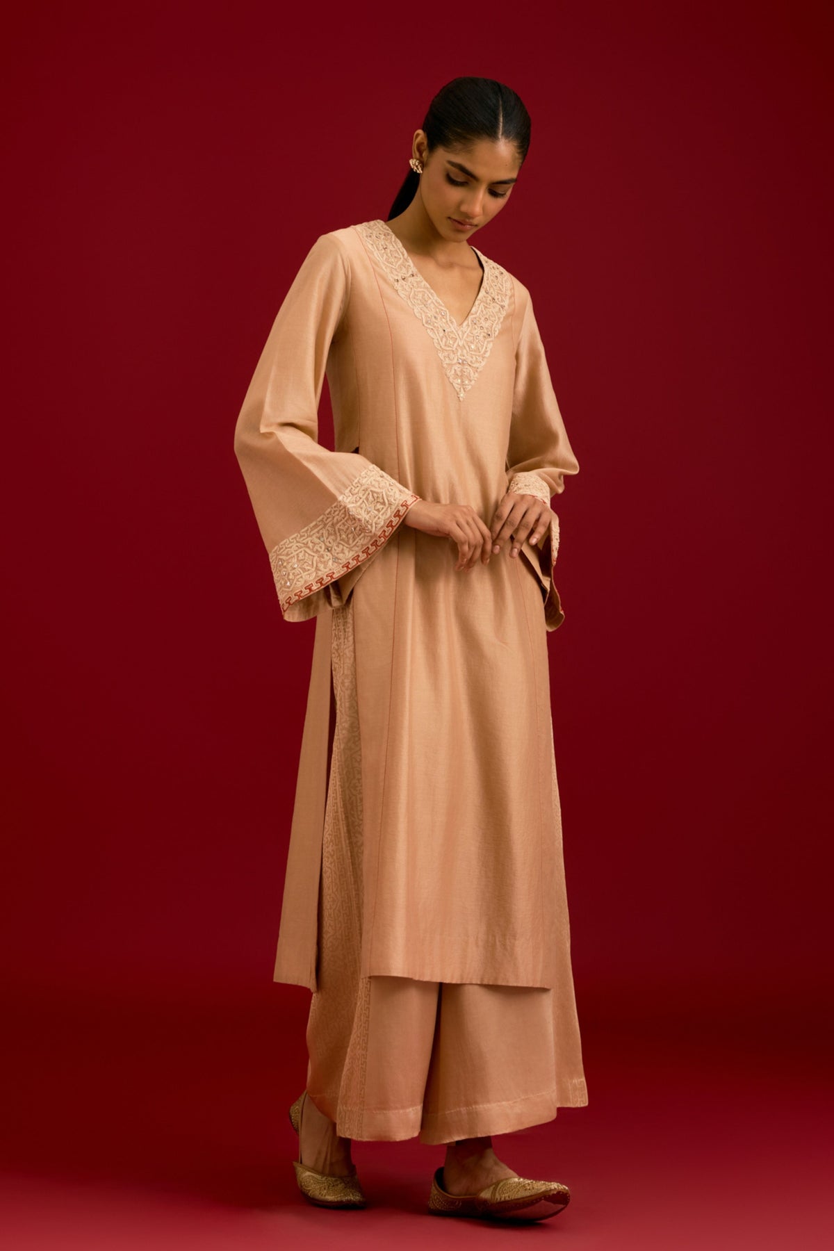 Beige Silk Chanderi Kurta Set