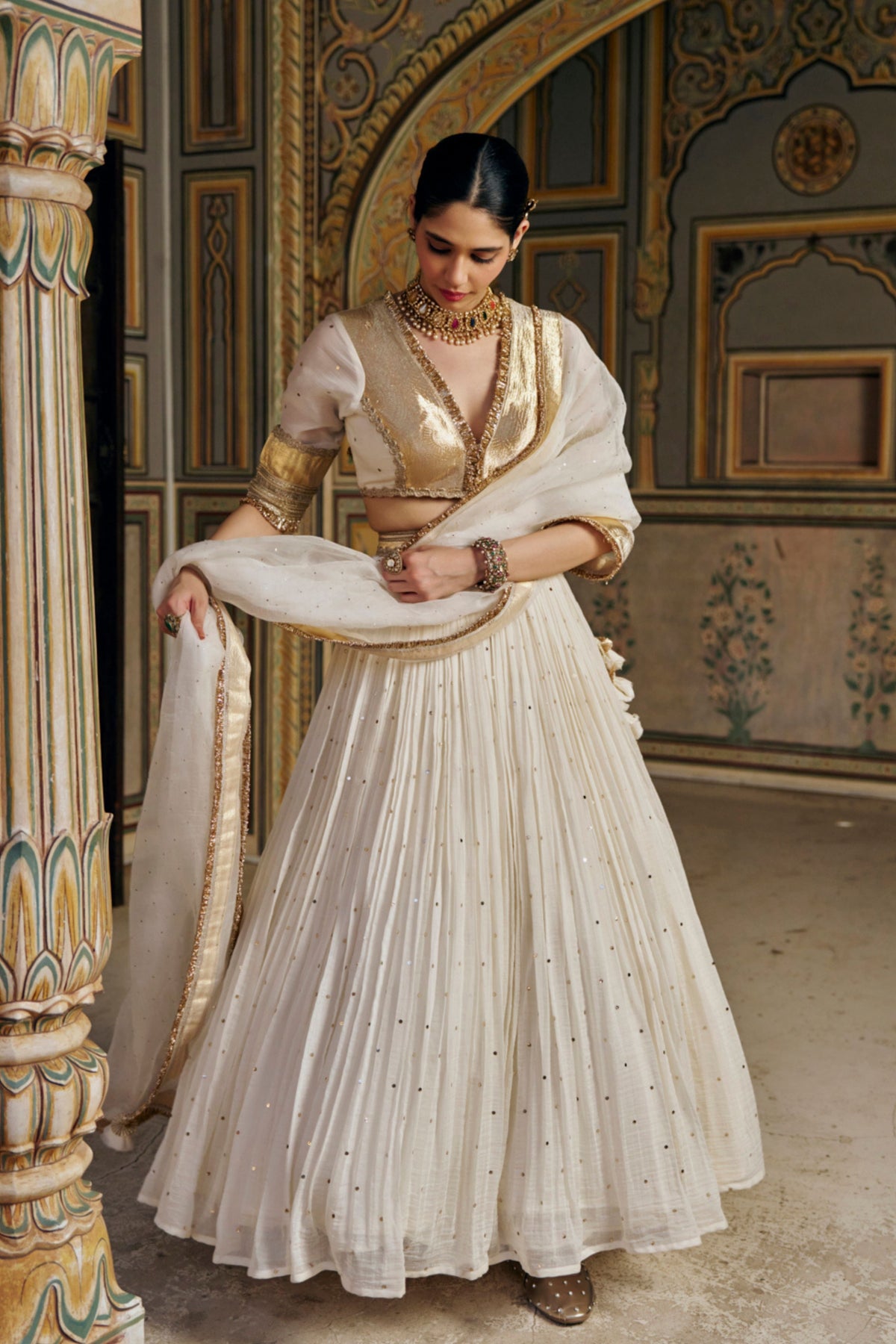 Ivory Golden Mukesh Lehenga Set