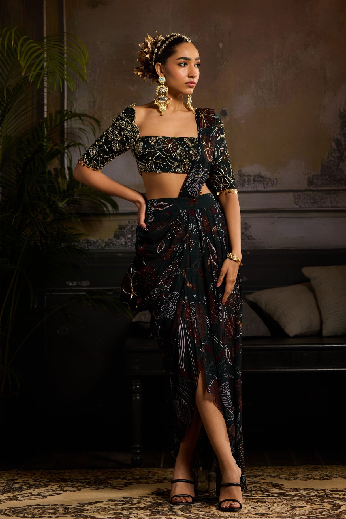 Dark Green Drape Saree Set
