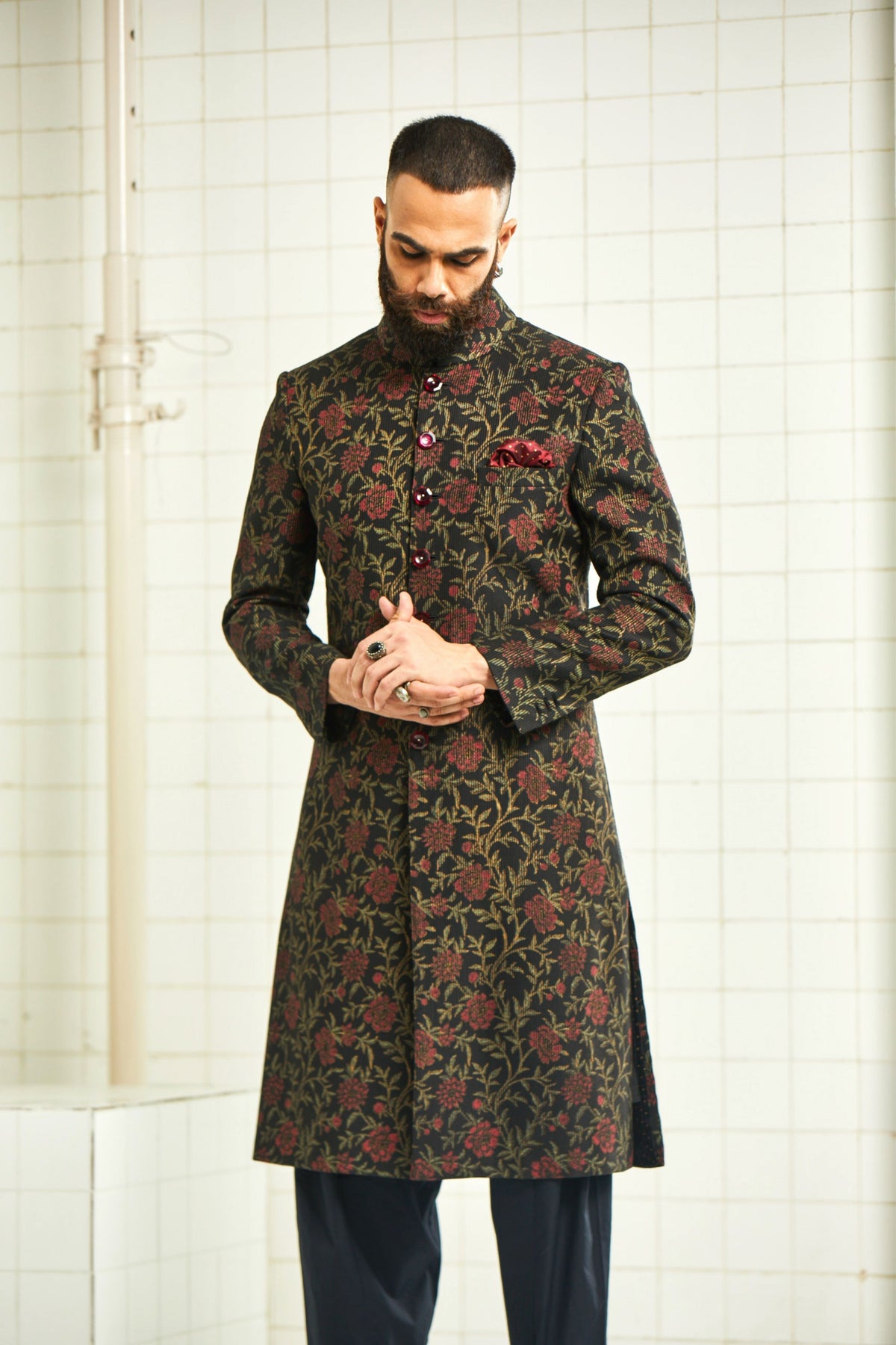 Black Chirota Textured Sherwani
