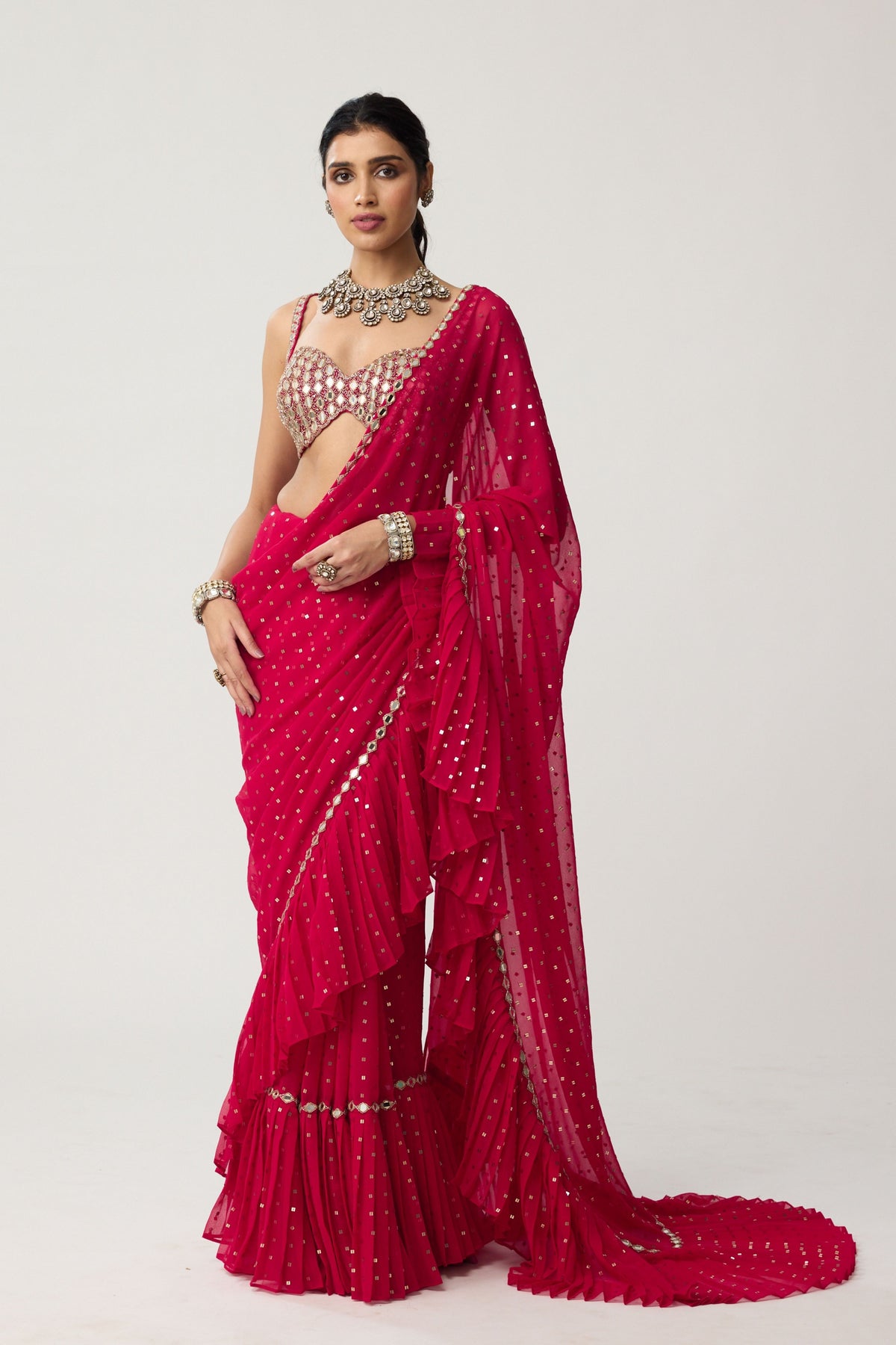 Crimson Red Ruffle Saree Set