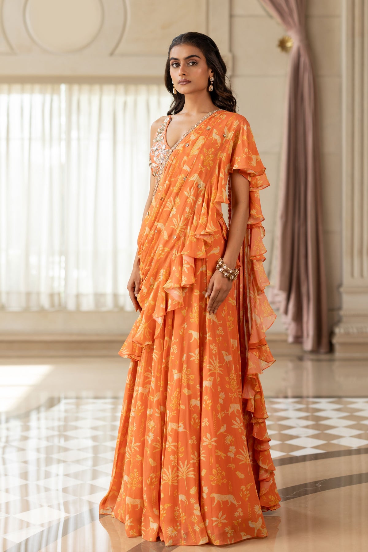 Tatiana Orange Drape Saree Set