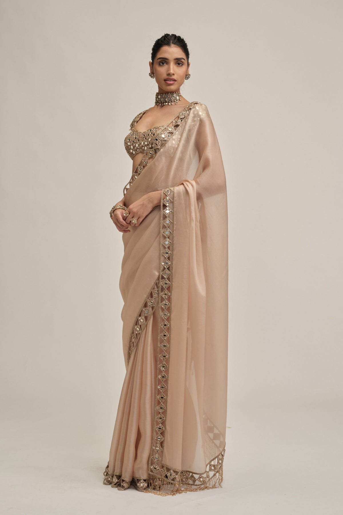 Beige Diamond Saree Set
