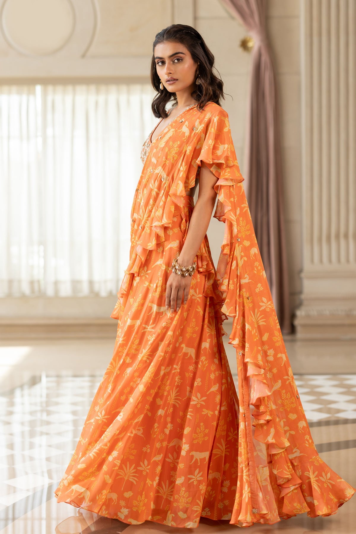 Tatiana Orange Drape Saree Set