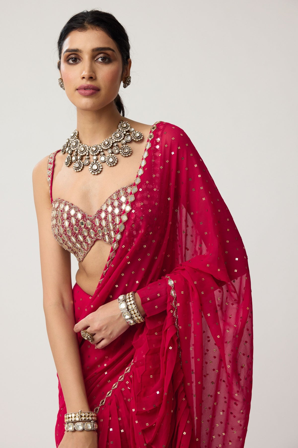 Crimson Red Ruffle Saree Set