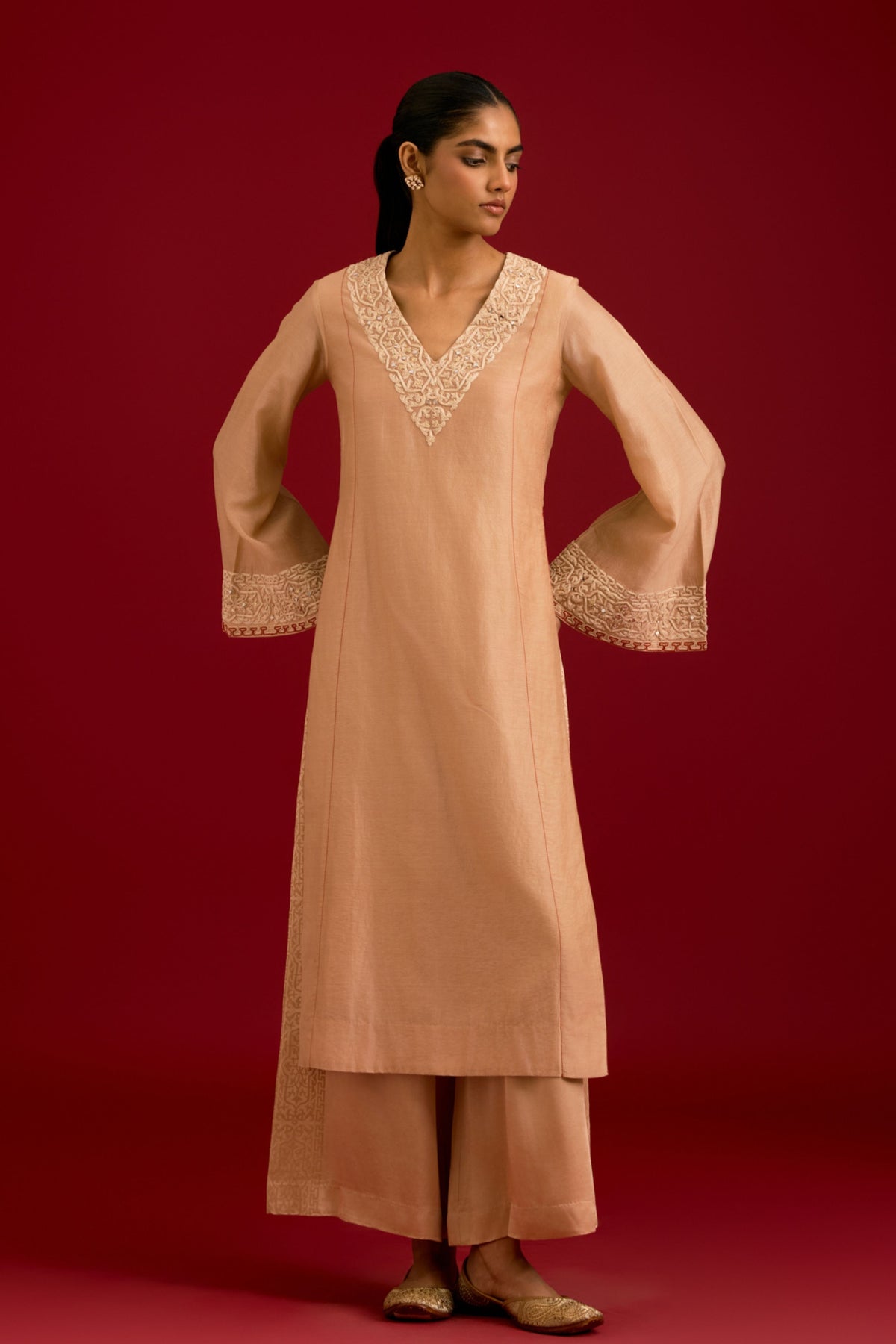 Beige Silk Chanderi Kurta Set