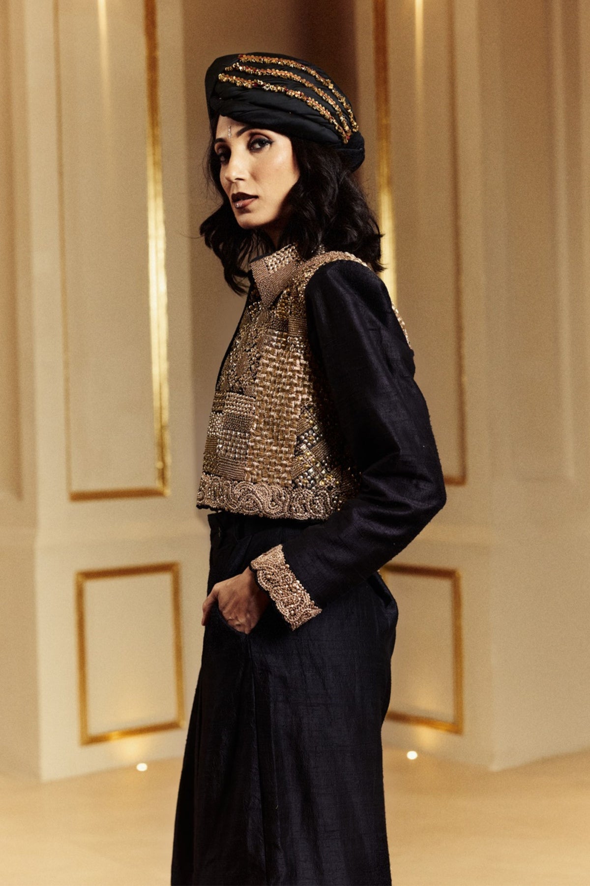 Resham Black Jacket Set