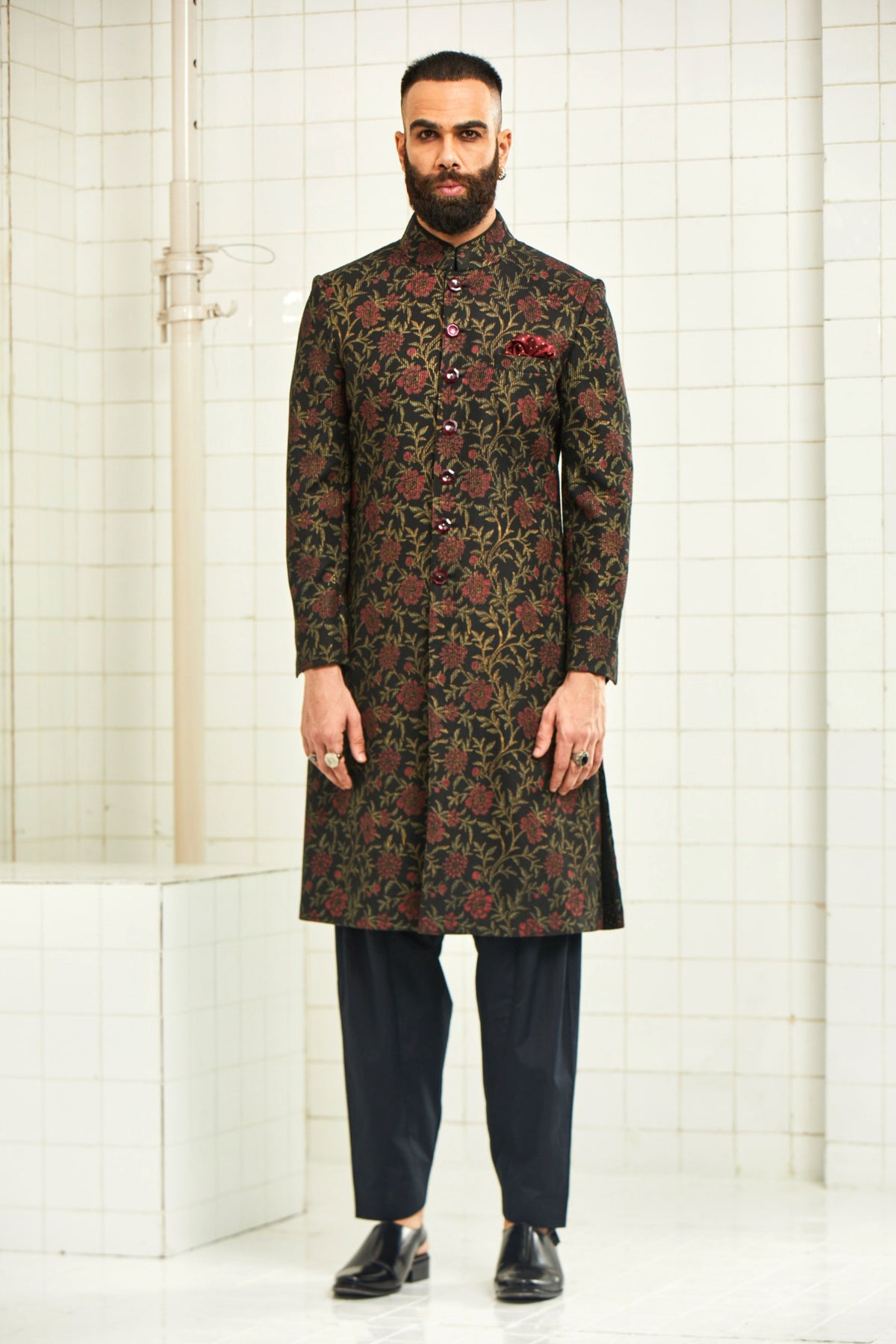 Black Chirota Textured Sherwani