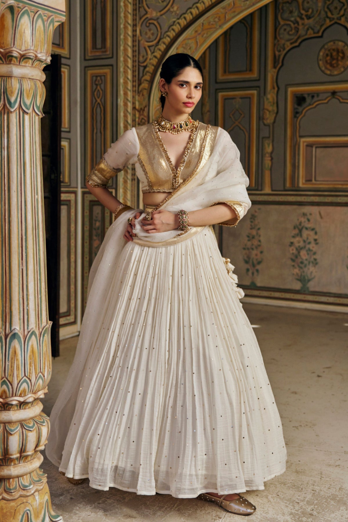 Ivory Golden Mukesh Lehenga Set