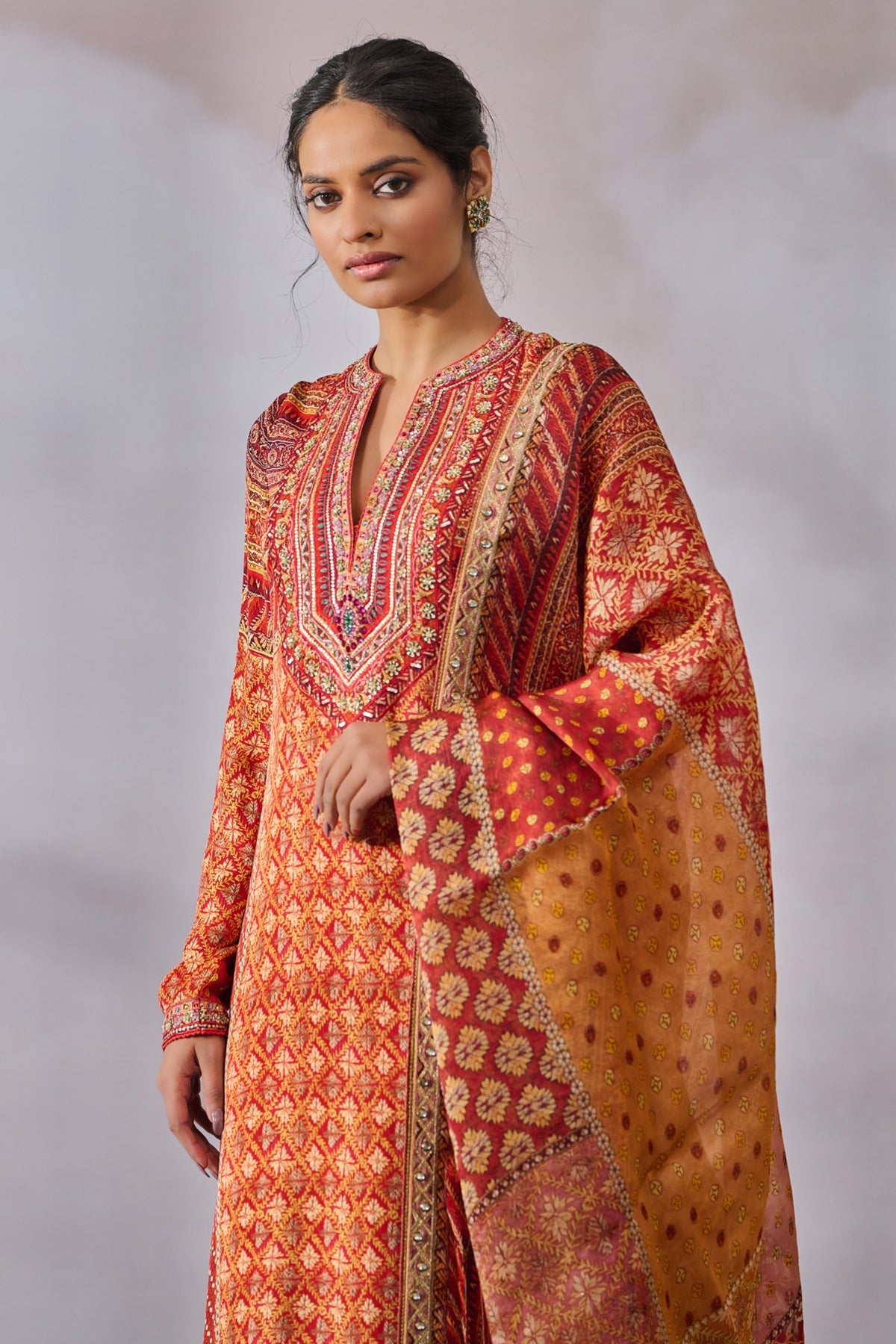 Hand Embroidered Kurta With Dupatta And Churidar