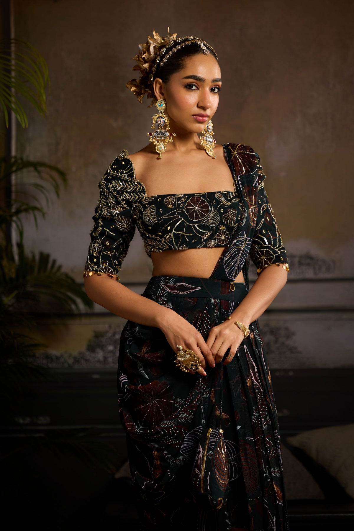 Dark Green Drape Saree Set