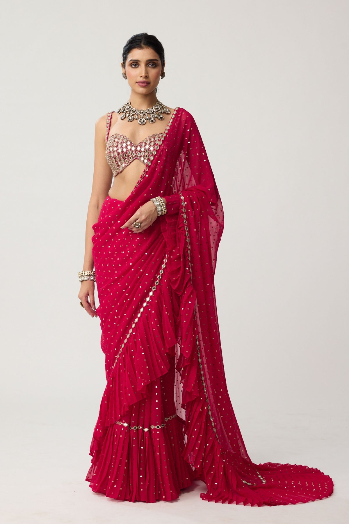 Crimson Red Ruffle Saree Set