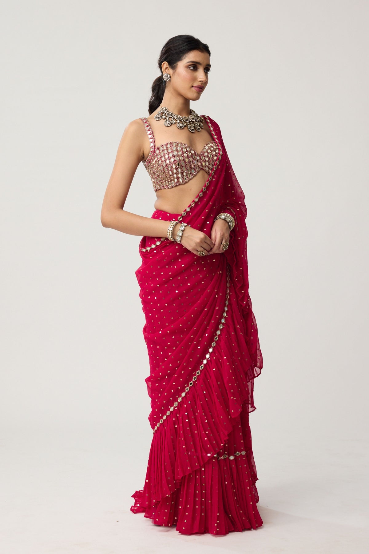 Crimson Red Ruffle Saree Set