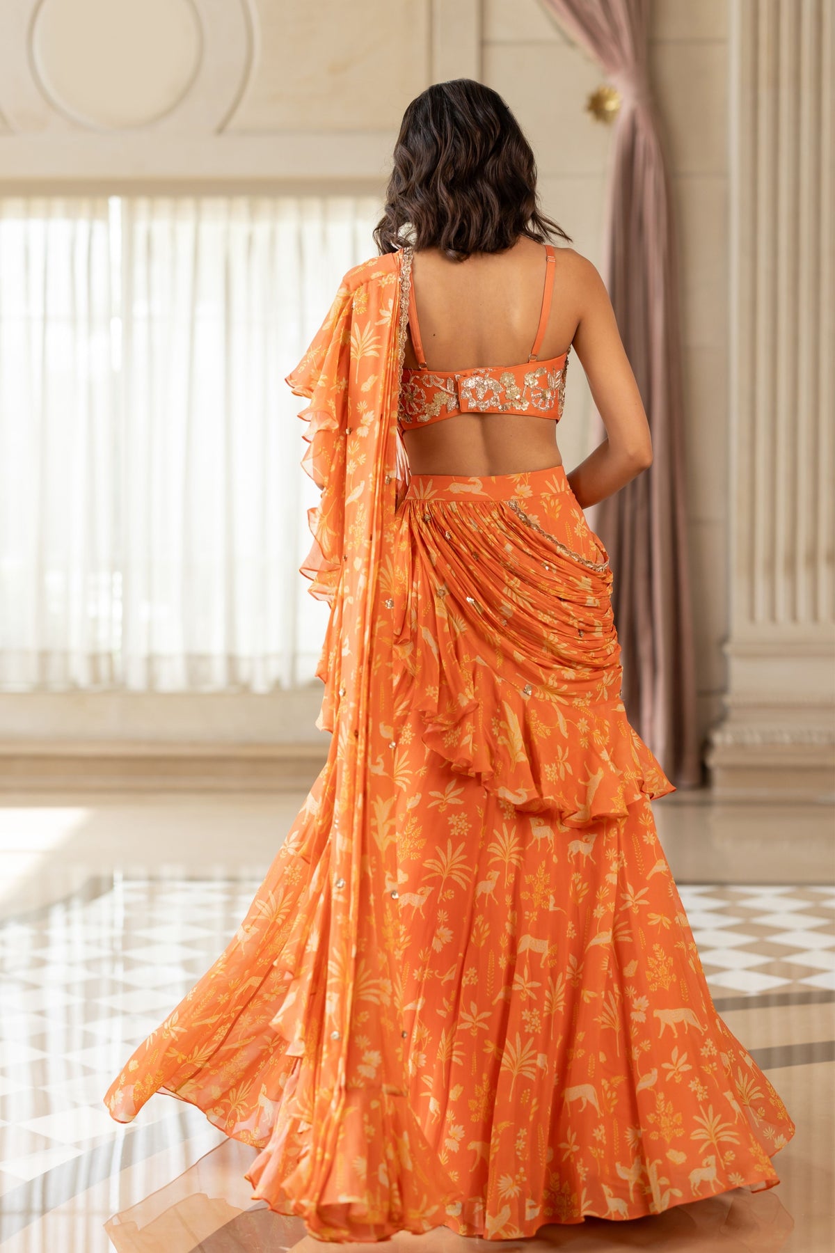 Tatiana Orange Drape Saree Set