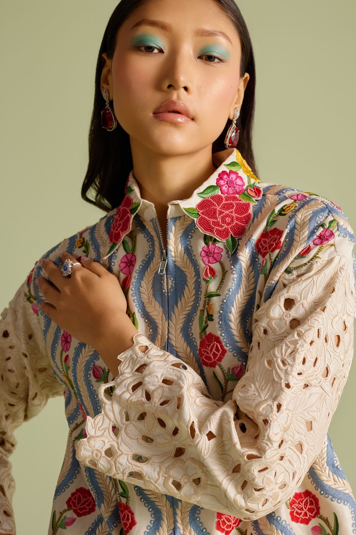 Ivory Striped Florals Short Jacket