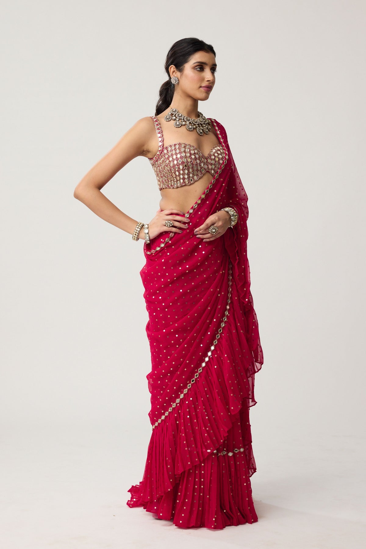 Crimson Red Ruffle Saree Set