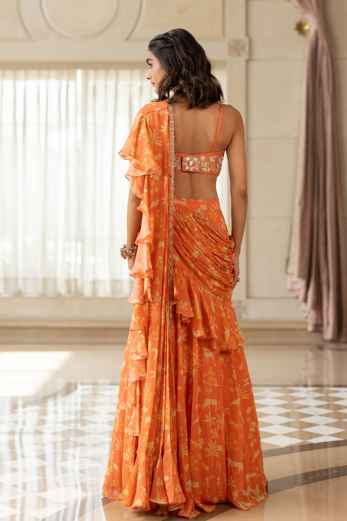 Tatiana Orange Drape Saree Set