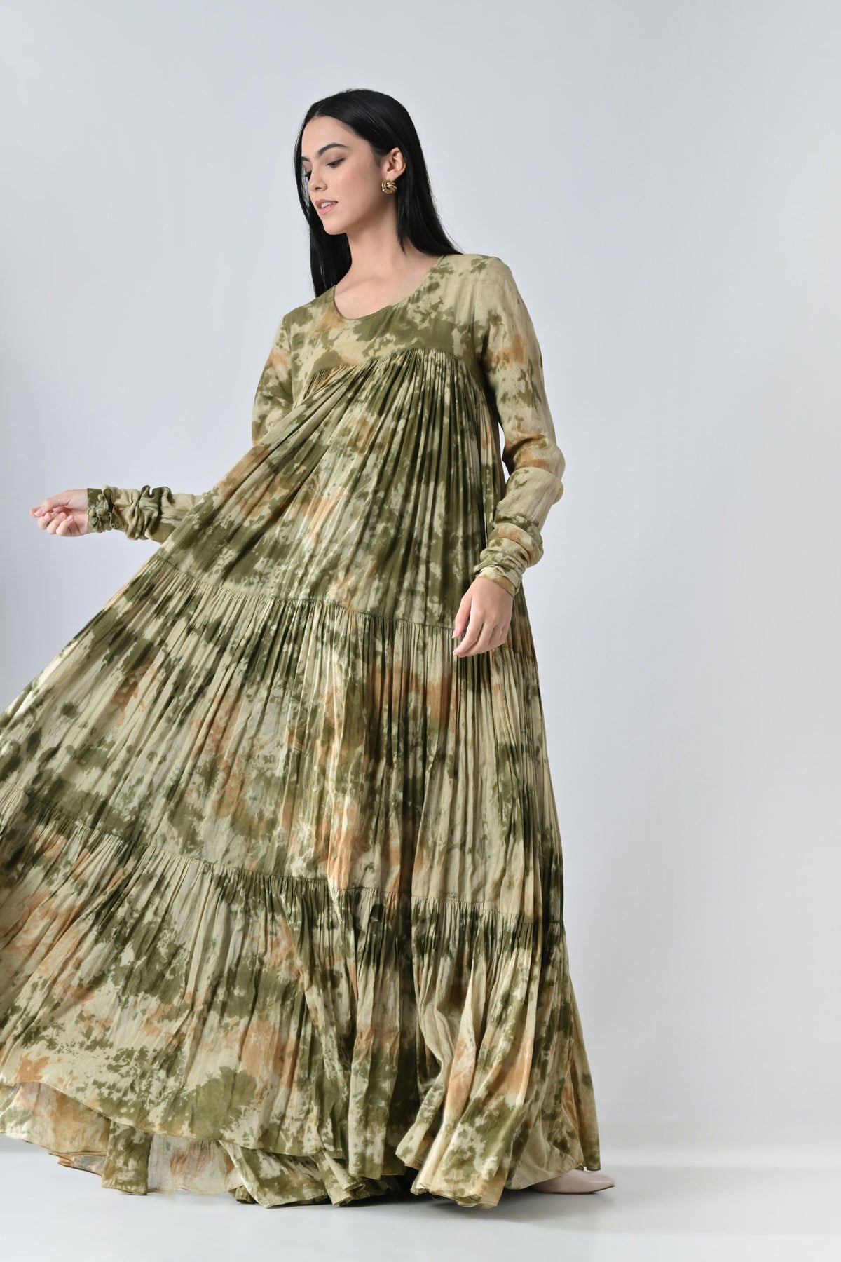 Olive Meadow Pleated Printed Dress