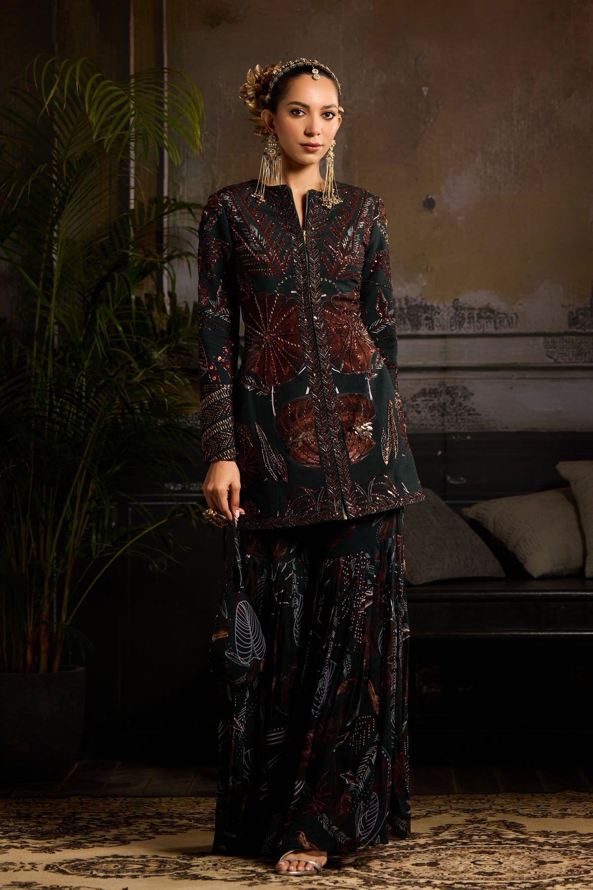 Dark Green Print Blazer Set